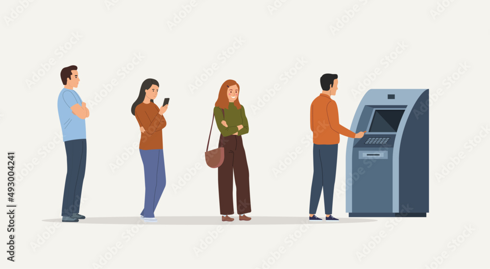 People standing in line to atm machine. Vector flat style cartoon  illustration Stock Vector
