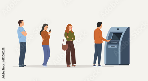 People standing in line to atm machine.  Vector flat style cartoon illustration