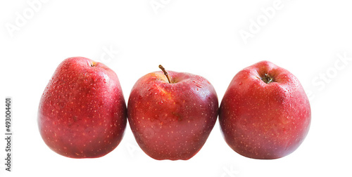 Red chief apples. Three red apples in row isolated on white.