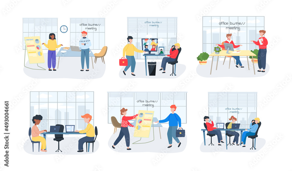 Business people man and woman talking. Colleagues discussing work, chatting communicating sitting at office desk. Businesspeople have project strategy planning meeting. Teamwork with business plan Business people man and woman talking. Colleagues discussing work, chatting communicating sitting at office desk. Businesspeople have project strategy planning meeting. Teamwork with business plan