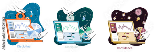 Discipline concept icon. Time management. Working day idea metaphor. Daily affairs of person, indicators of time for work, hobby, study, rest. Fulfillment of planned plans according to regulations