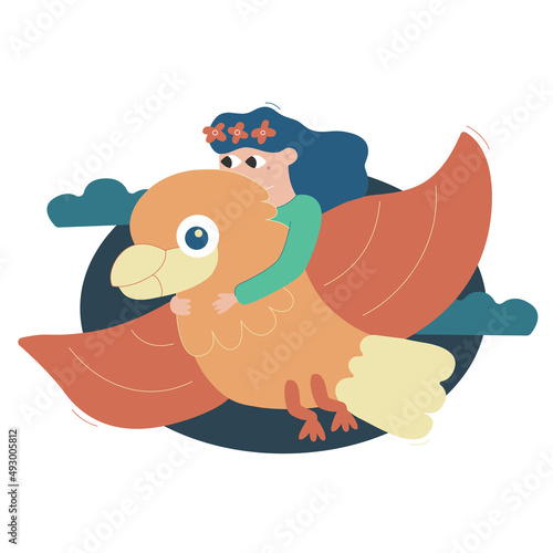 Vector flat cartoon illustration. The girl flies on a parrot, on a bird.