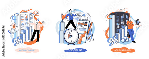 Accountability and discipline personal quality abstract concept vector illustration set, mental strength, decision making, leadership role abstract metaphor. Sound financial management, frugality