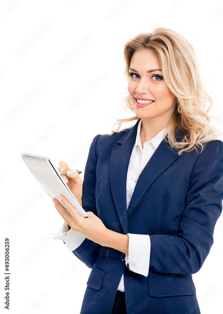Portrait of young beautiful businesswoman in dark blue confident suit with clipboard writing, isolated over white background. Portrait of young beautiful businesswoman in dark blue confident suit with clipboard writing, isolated over white background.