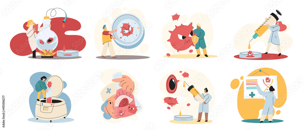 Fototapeta premium Antivirus vaccine. Scientists conducting scientific researches, laboratory assistants test tubes working in medical lab researchers making chemical experiments test liquids and equipment. Virus in lab