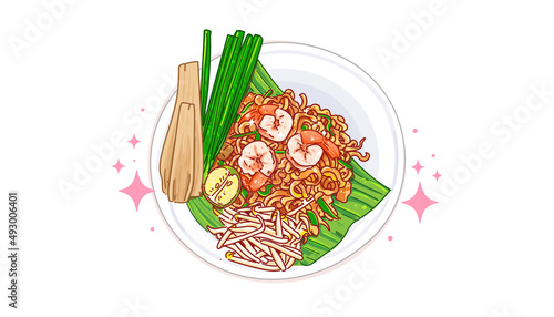 Pad thai shrimp traditional asian food menu logo doodle hand drawn cartoon art illustration
