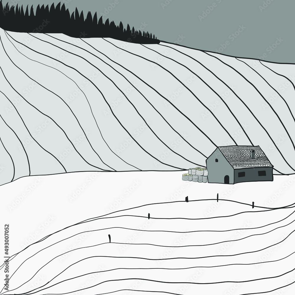 Black and white hand drawn countryside scenery. Graphic vector ...