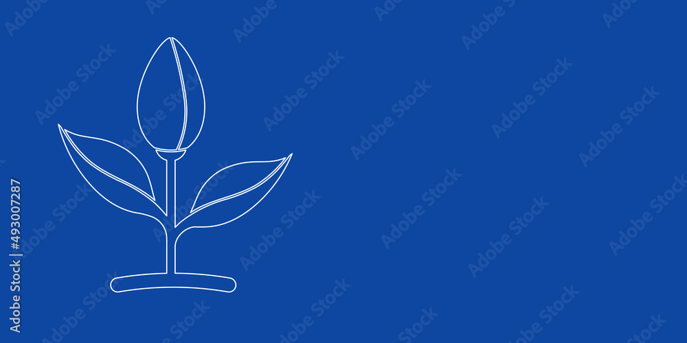 A large white outline sprout symbol on the left. Designed as thin white lines. Vector illustration on blue background A large white outline sprout symbol on the left. Designed as thin white lines. Vector illustration on blue background