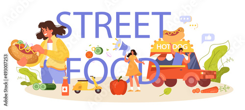 Street food typographic header. Unhealthy hot dog cooking, american
