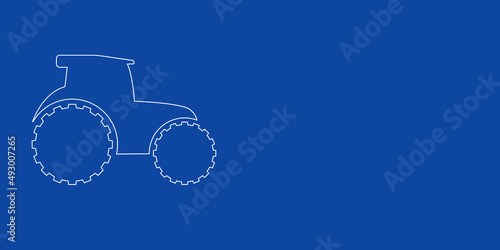 A large white outline tractor symbol on the left. Designed as thin white lines. Vector illustration on blue background