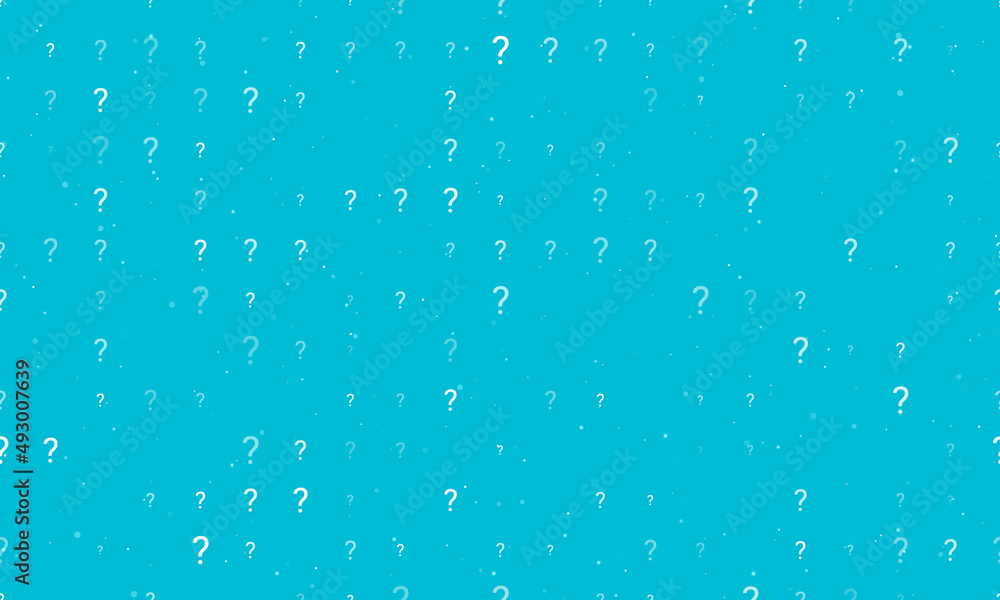 Seamless background pattern of evenly spaced white question symbols of different sizes and opacity. Vector illustration on cyan background with stars