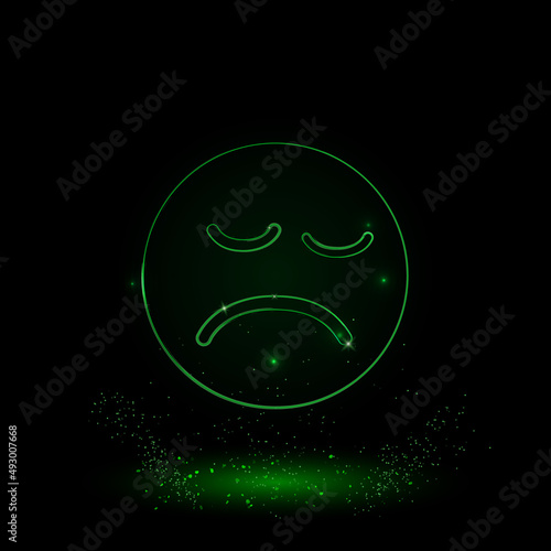 A large green outline depression symbol on the center. Green Neon style. Neon color with shiny stars. Vector illustration on black background