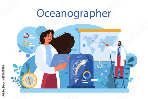 Oceanographer. Oceanology scientist. Practical studying and exploration