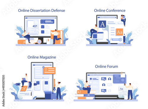 Philologist online service or platform set. Scientific study of language