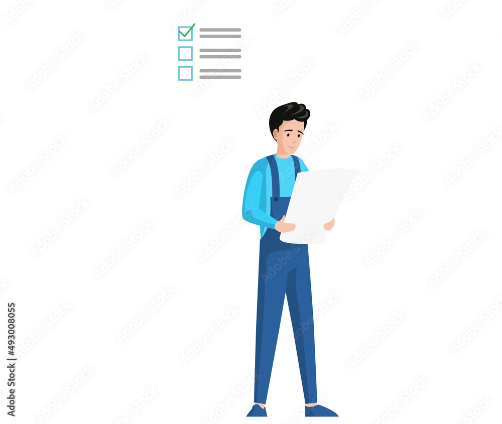 Country boy in blue jumpsuit works with paper document. Young man looks at check sheet, work plan. Male character studying plan, paper with check. Guy analysing worksheet with tasks, planning
