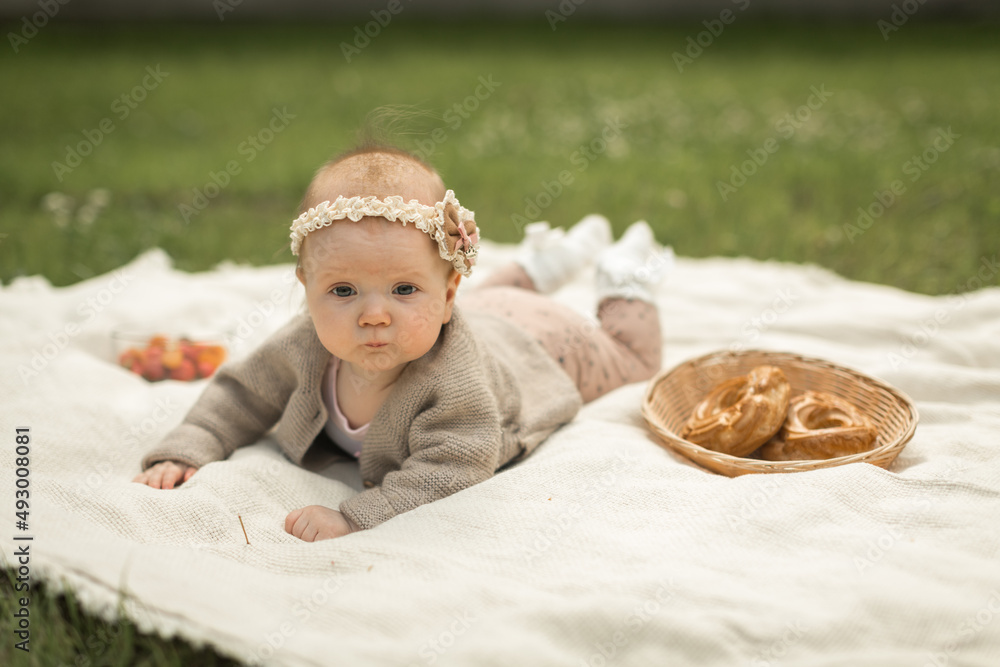 baby girl lies on a plaid, summer picnic for children
