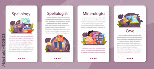 Speleologist mobile application banner set. Scientst exploring deep