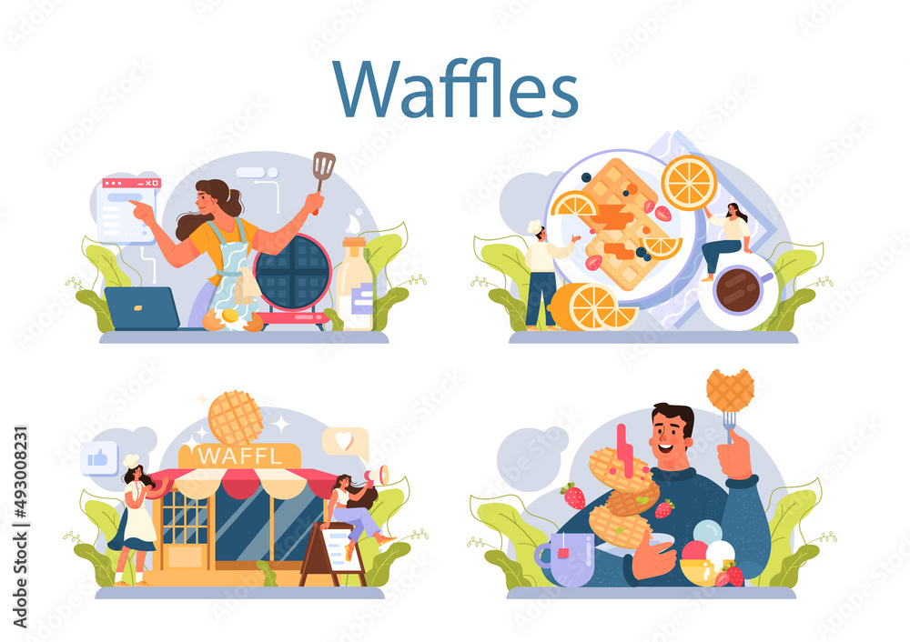 Waffles set. Sweet Belgian pastries with cream topping and fruits.