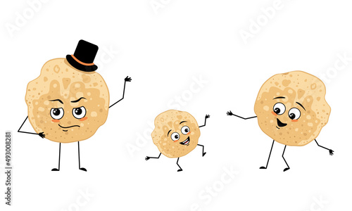 Family of pancake characters with happy emotions, smile face, happy eyes, arms and legs. Mom is happy, dad is wearing hat and child is dancing. Vector flat illustration