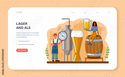 Beer web banner or landing page. Glass bottle and vintage mug with dark or light