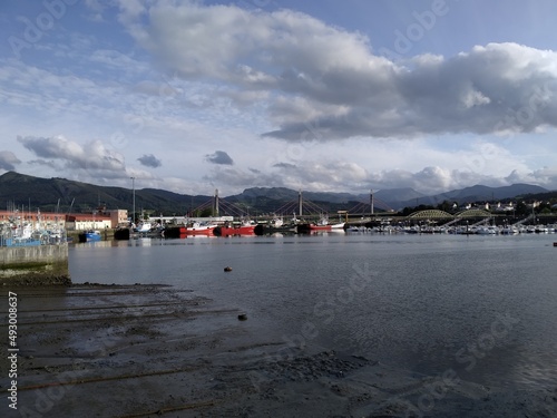 Seaport with several boats moored and the mountains in the background on a cloudy day.  © Marsango