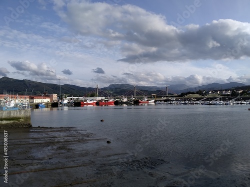 Seaport with several boats moored and the mountains in the background on a cloudy day.
