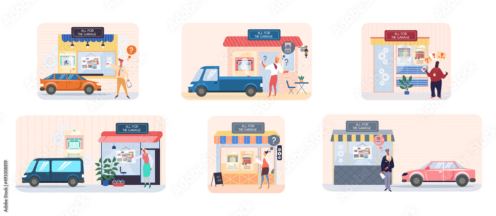 Set of illustrations about all for garage store. People advertising shop with items for place for automobile parking. Working with design of garage doors. Sales and huge discounts in shed store