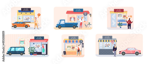 Set of illustrations about all for garage store. People advertising shop with items for place for automobile parking. Working with design of garage doors. Sales and huge discounts in shed store