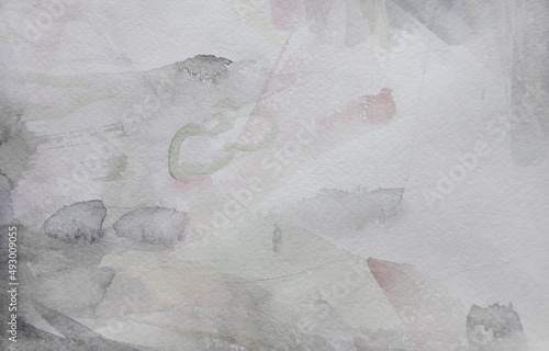 Minimalistic abstract wallpaper. White background. Aquarelle paint on paper texture. Implicit smudges and brush strokes surface. Simplicity and zero waste concept.