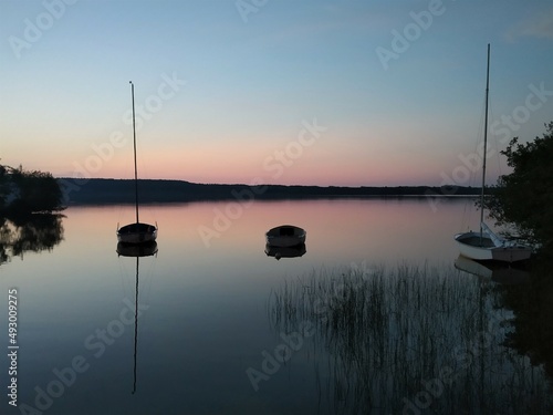 Calm at sunset on a calm lake. 

