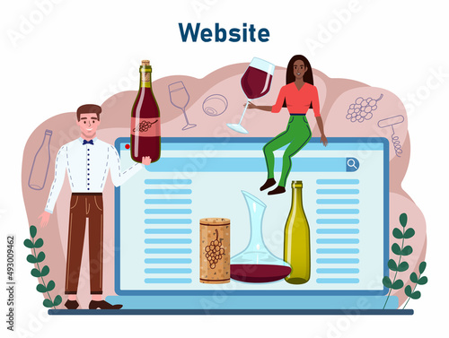 Wine online service or platform. Grape wine in a bottle and glass