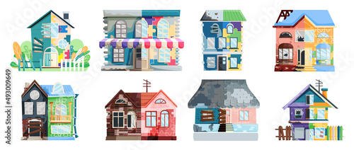 Home renovation, house before and after repair. New and old suburban cottage. Remodel construction. Old run-down house remodeled into cute traditional suburban cottage. Building maintenance service