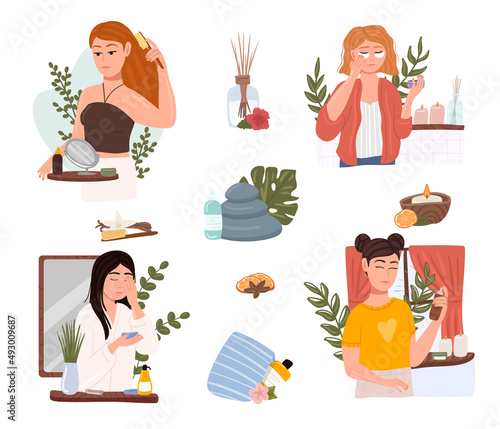 Beauty Girl Take Care of her Face and Applying Cosmetic Serum Oil. Women making facial massages, self care routine, moisturizing and hygiene, natural herbal products
