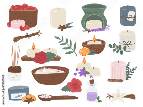 Scented candles set. Cozy collection of candles in hands, in a jar. Hygge time. Collection of modern scented candles made of soy and coconut wax, essential oils, various craft design