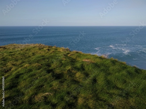View of the Atlantic Ocean from the grass growing on the cliffs.

