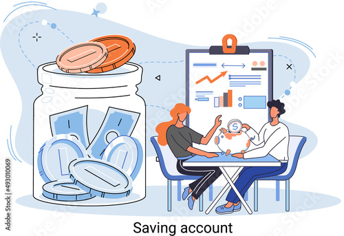 Saving account concept. People putting coins into piggy bank. Accumulation of funds, wealth, passive income. Receiving interest from keeping money, safe future. Banking services, internet payment