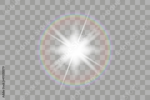 Shining sun glare rays, lens flare vector illustration with a rainbow. Sunlight glowing png effect. White beam sunrays sky background