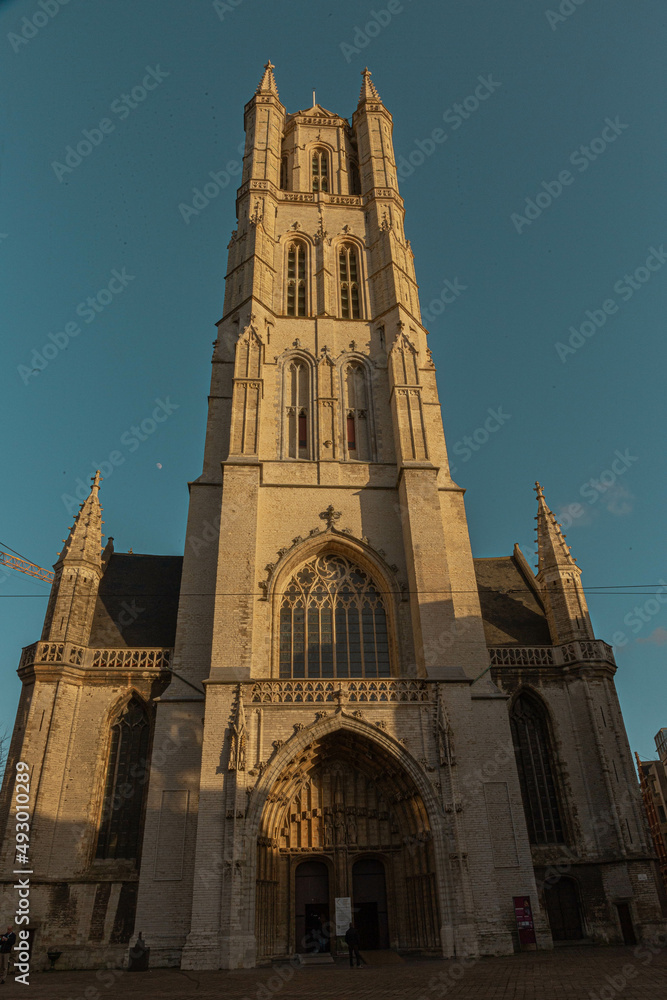 The historic city center in Ghent (Gent), Belgium. Architecture and landmark of Ghent. Cityscape of Ghent.