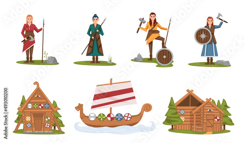 The Vikings. Viking cartoon characters. Drakkar, wooden sail boat, wooden house. Scandinavian mythologyy characters norway costume vikings warrior. Viking and warrior, norway scandinavian people