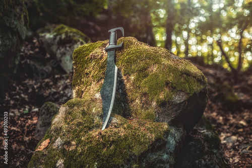 Magyc sword on mosse rock in forest. photo