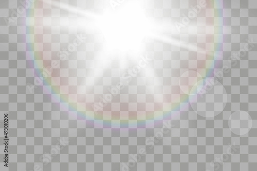 Shining sun glare rays, lens flare vector illustration with a rainbow. Sunlight glowing png effect. White beam sunrays sky background