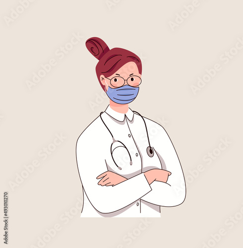 Doctor in laboratory coat and mask with folded hands on his chest. Portrait to the waist. Avatar for advertising, site illustration, icon. Flat cartoon Vector.