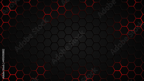 Abstract Futuristic background with hexagons . dark sci-fi hi-tech wallpaper with red lights .