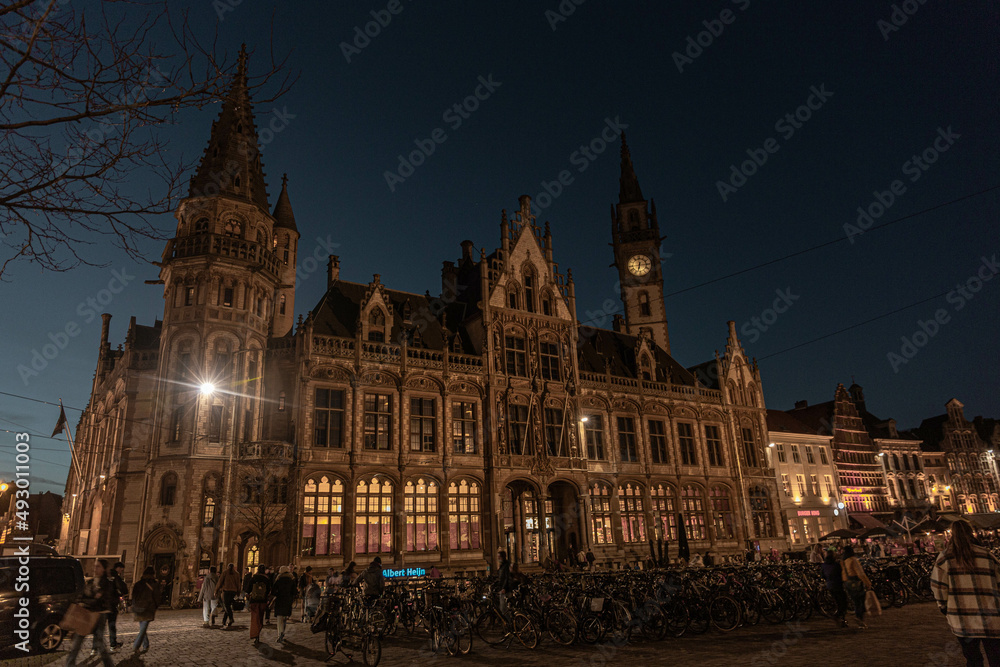 Fototapeta premium The historic city center in Ghent (Gent), Belgium. Architecture and landmark of Ghent. Cityscape of Ghent.