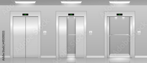 Realistic 3d Detailed Elevator with Opened and Closed Metal Doors Modern Interior Office or Hotel. Vector realistic empty lobby interior with lift
