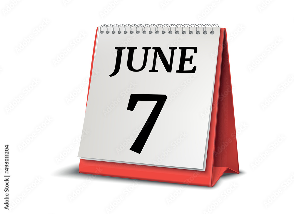 Calendar on white background. 7 June. 3D illustration.
