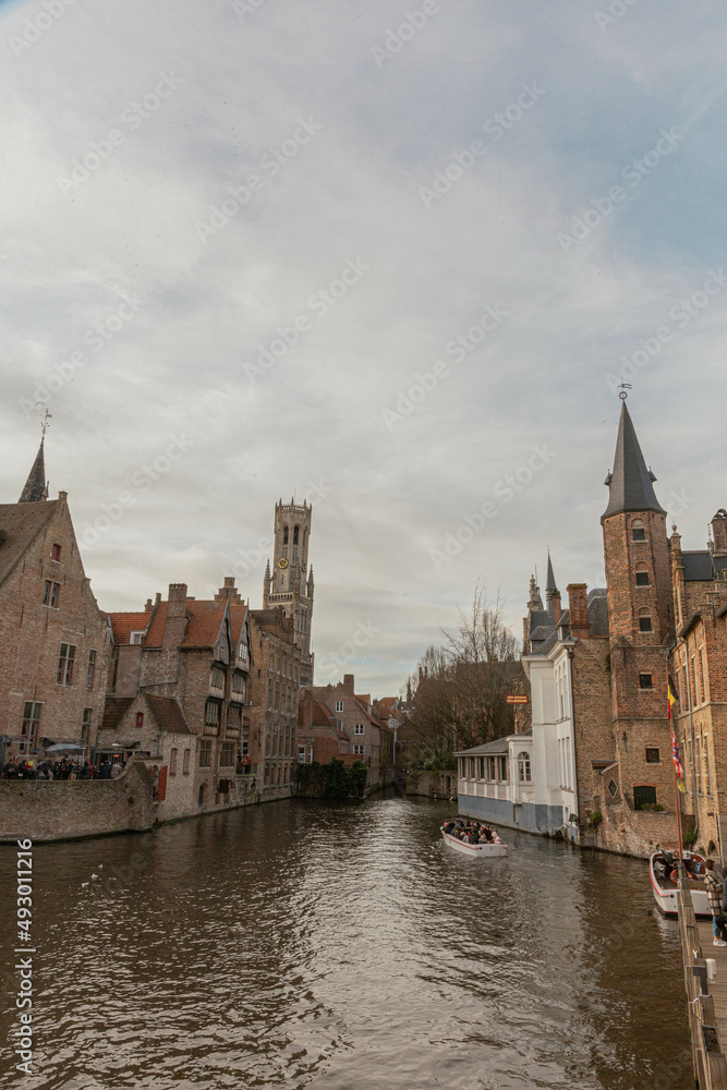Classic view of the historic city center of Bruges, West Flanders province, Belgium. Cityscape of Bruges.