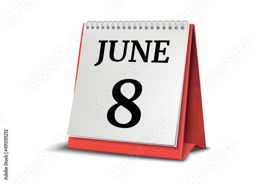 Calendar on white background. 8 June. 3D illustration.