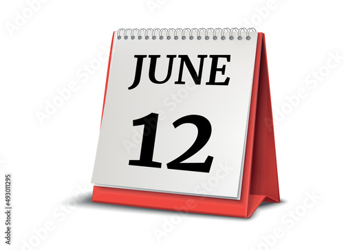 Calendar on white background. 12 June. 3D illustration.