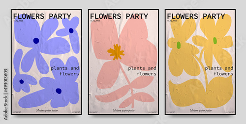 Collection of abstract posters with flowers with paper texture on isolated background